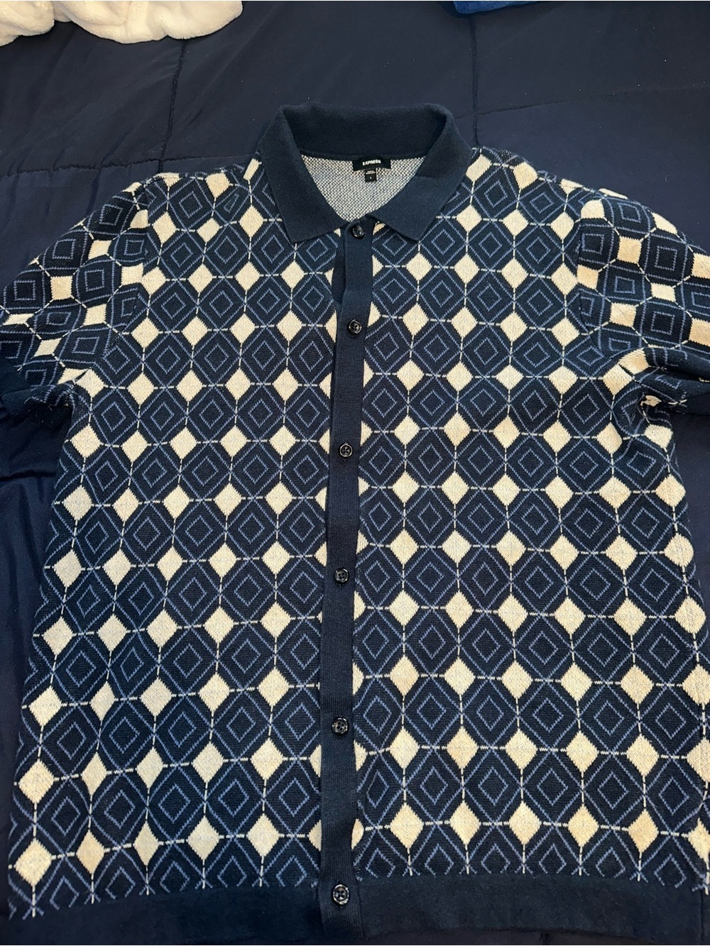 Express Navy & Cream Geometric Knit Shirt Jacket